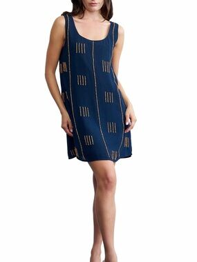 Ciebon Wooden Beaded Sleeveless Mini Dress Navy Boho Shift Pockets